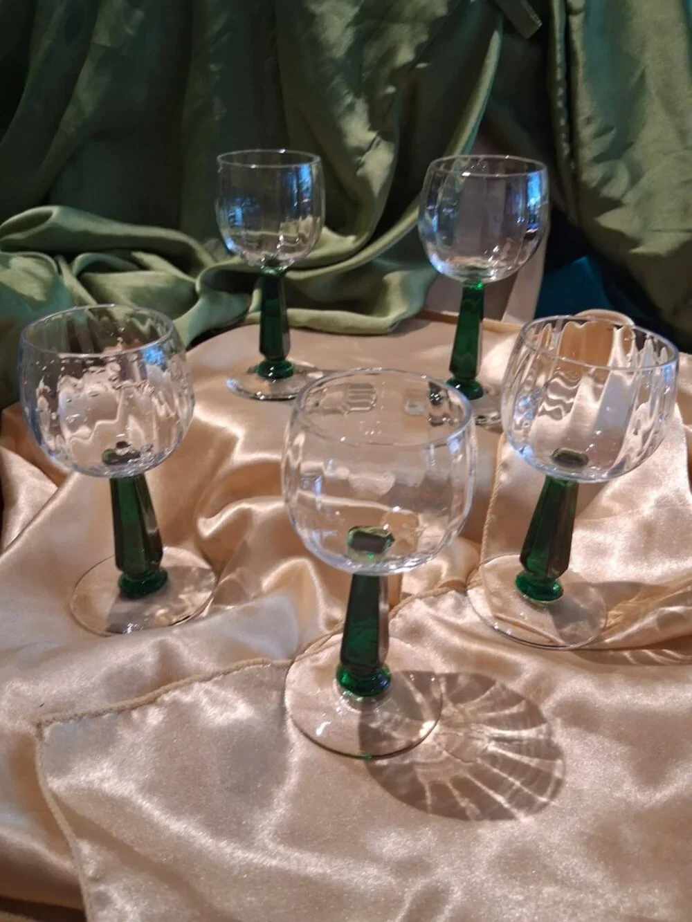 Vintage Green Stemmed Roemer Rhine Wine Glasses Optic Bowl Set of 5
